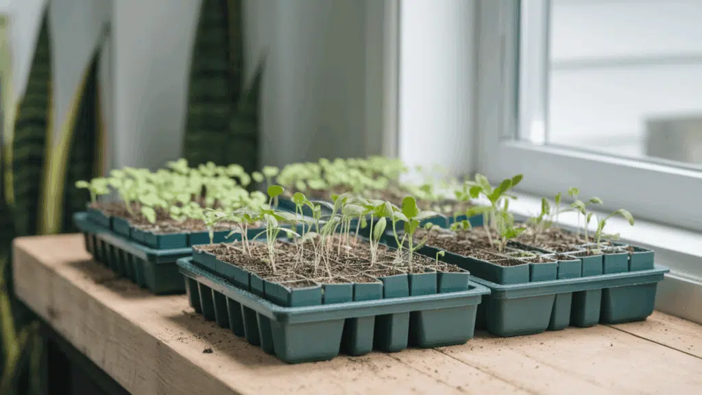 small seed starting trays filled with fine potting mix showing tiny seedlings sprouting in neat rows near a sunny window