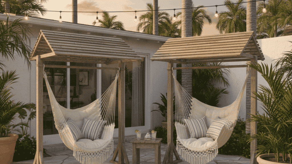 small shaded areas over hammock chairs, creating a relaxed, beachy vibe with partial coverage and open feel.