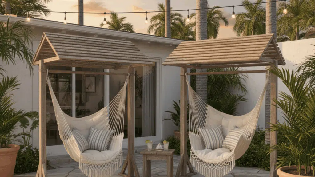 small shaded areas over hammock chairs, creating a relaxed, beachy vibe with partial coverage and open feel.
