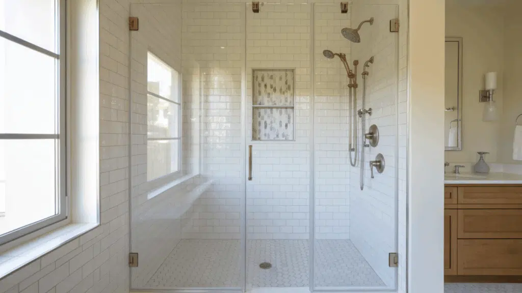 small shower with a compact design and a glass door, ideal for space-saving.