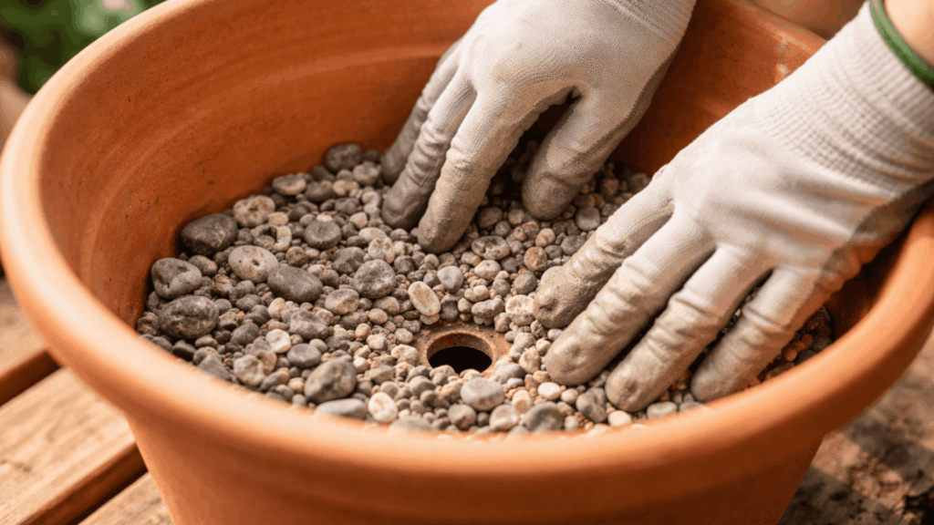 small stones placed at the bottom of a terracotta pot to ensure proper drainage and prevent root rot