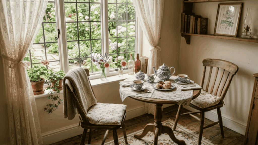 small tea corner with round table teapot chairs soft curtains and warm natural light creating a peaceful and cozy cottage setting (2)