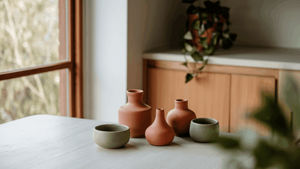 small terracotta and sage ceramic vases and bowls in different shapes grouped as a display on a kitchen table surface
