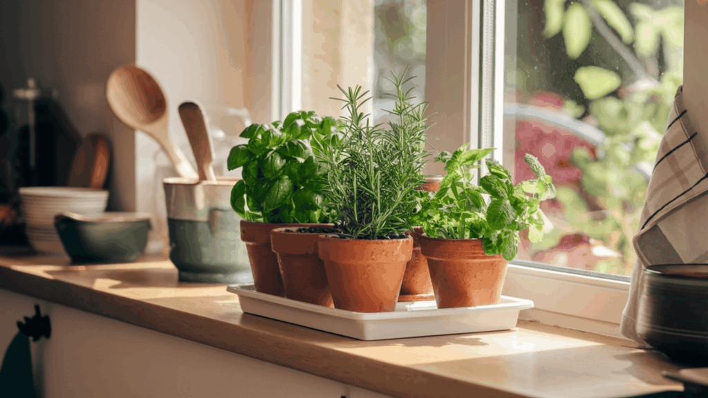 small terracotta pots with fresh basil rosemary and mint placed on a sunny kitchen windowsill for easy access and care