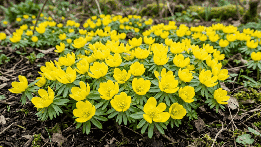 small yellow winter aconite flowers blooming close to the ground in an early spring garden setting