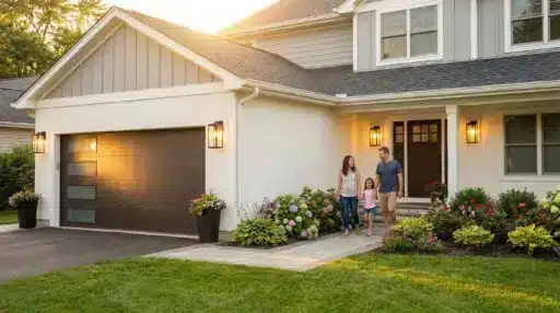 Family walking outside white house with wooden garage door and landscaped garden at sunset