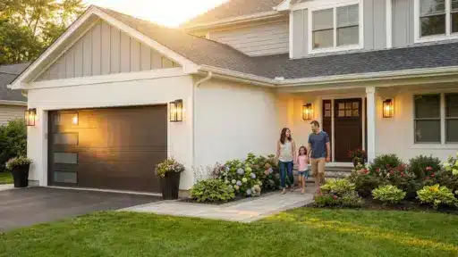 Family walking outside white house with wooden garage door and landscaped garden at sunset