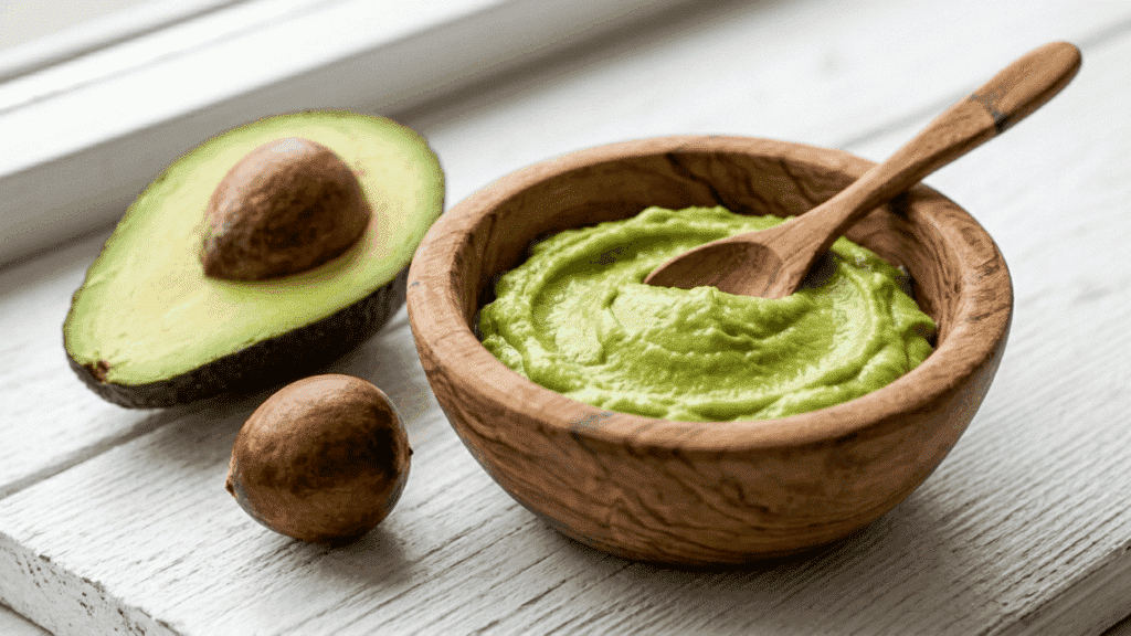 smooth mashed avocado paste in a wooden bowl with a spoon and half a ripe avocado placed beside it on a rustic kitchen surface