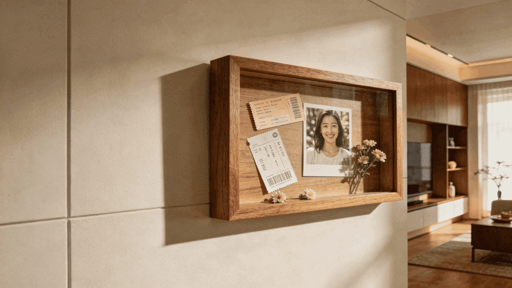 smooth natural finish wooden photo frame mounted on neutral wall in bright room