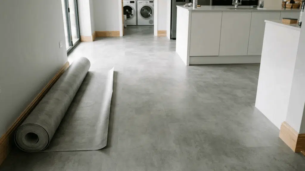 smooth sheet vinyl flooring installed in a modern kitchen space.
