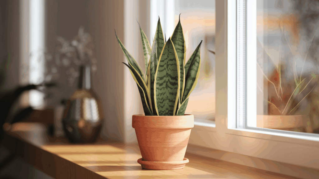 snake plant in a terracotta pot on a wooden table near a bright window with natural daylight highlighting the texture and color of healthy leaves