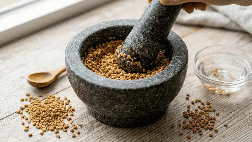soaked fenugreek seeds being ground into a smooth paste in a stone mortar with dry seeds and a water bowl scattered beside it