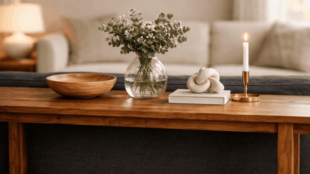 sofa table behind a charcoal sofa with a layered arrangement of a wooden bowl, glass vase, ceramic figurine, and brass candle holder