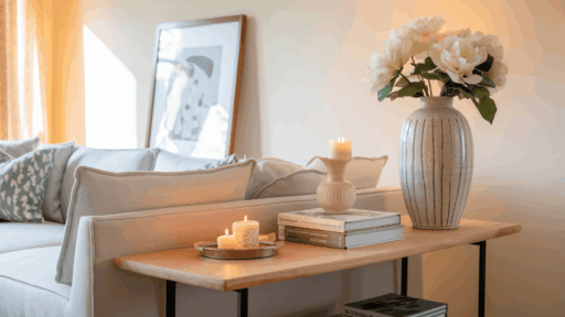 sofa table styled behind a grey sofa with a ceramic vase, book stack, candle tray, and framed art in a bright living room