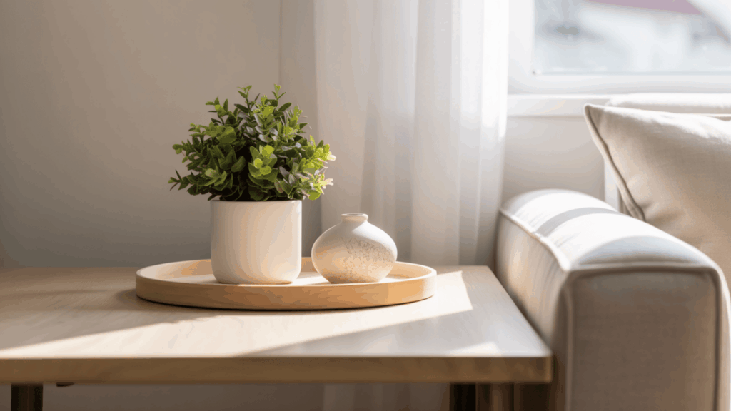 sofa table styled minimally with a small white potted plant, a round tray, and one ceramic accessory in bright natural light