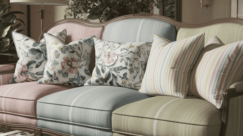 sofa with mixed pattern cushions floral stripes soft colors warm lighting and cozy feel creating a comfortable seating space