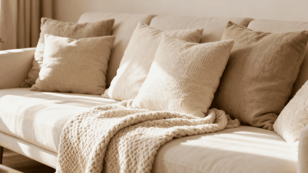 sofa with textured throw blanket, cozy setup, neutral tones, warm and inviting living room