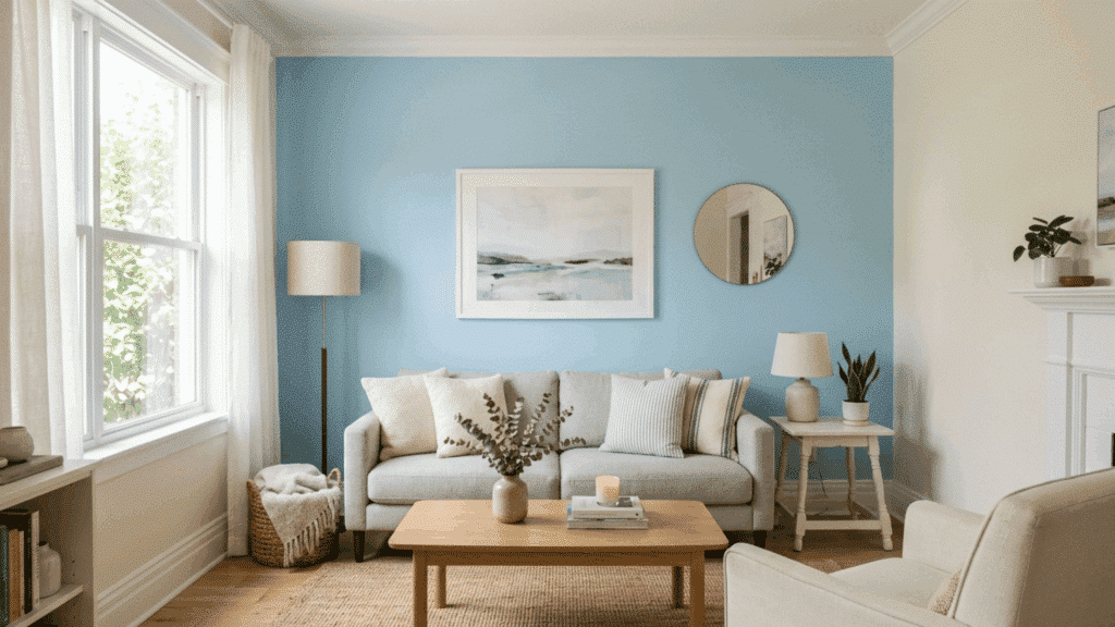 soft blue accent wall living room with beige sofa, wood table, and light cozy decor.