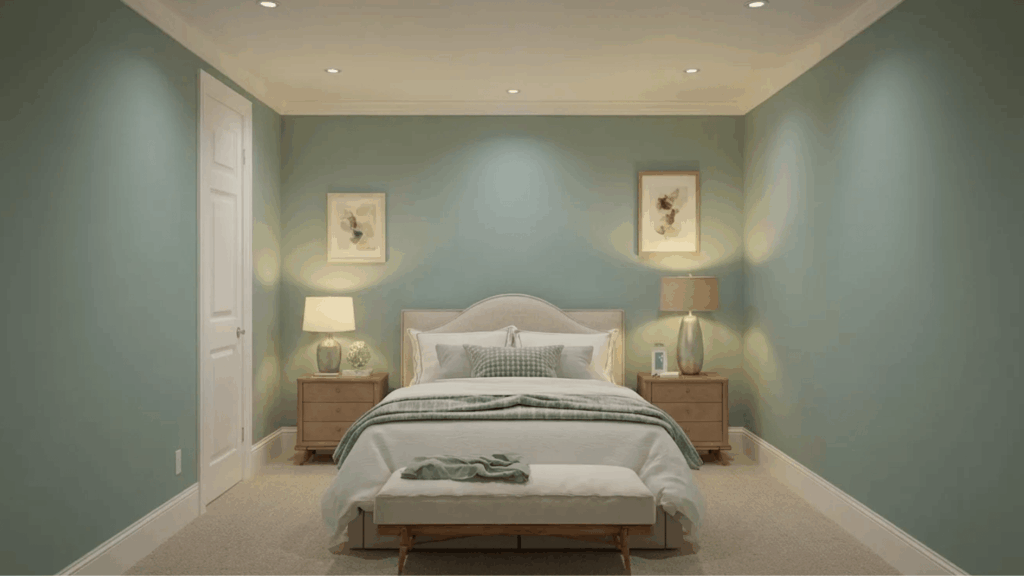 soft blue basement walls with white trim, cozy bedroom setup, matching decor, and warm lighting for a calm relaxing space
