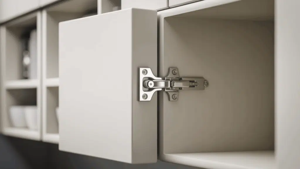 soft close cabinet hinge on an open light grey frameless cabinet showing the hinge arm dampening mechanism and mounting plate