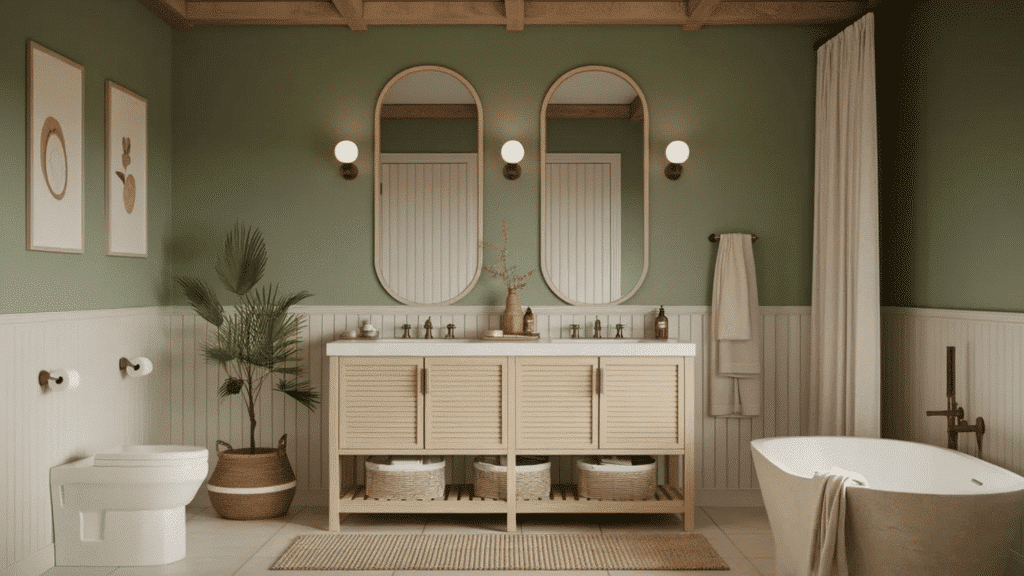 soft green bathroom with a double vanity featuring arched mirrors, wood cabinetry, white countertop, woven baskets, a freestanding tub, and light neutral decor