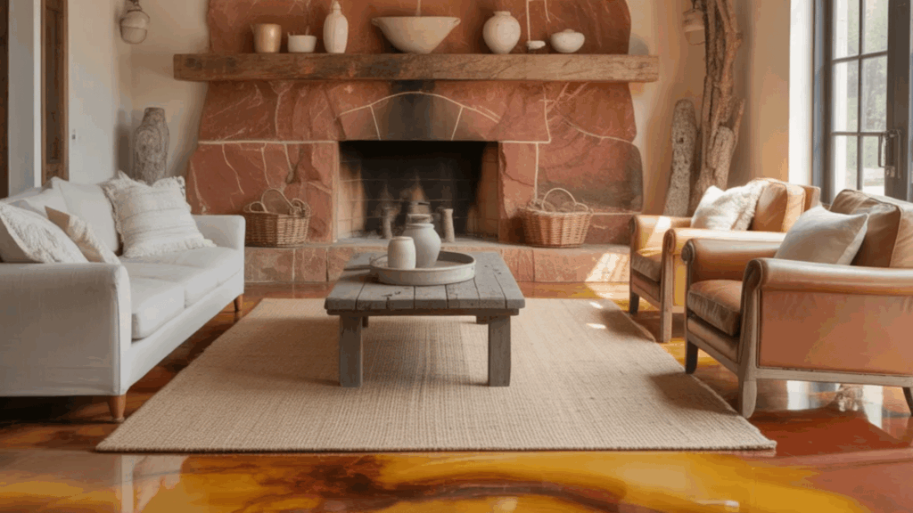 soft greige farmhouse stained concrete floors with linen sofa (1)