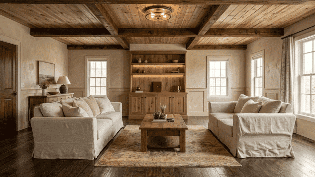 soft greige farmhouse stained concrete floors with linen sofa