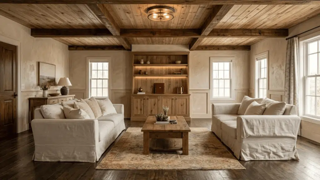 soft greige farmhouse stained concrete floors with linen sofa