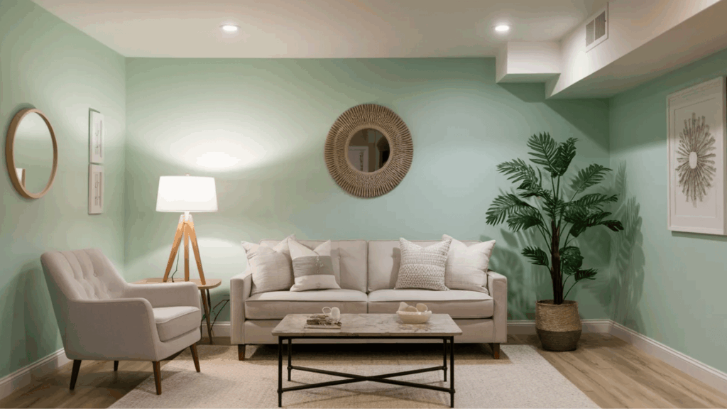 soft mint green basement walls with white trim, cozy seating setup, natural decor, and warm lighting for a calm space