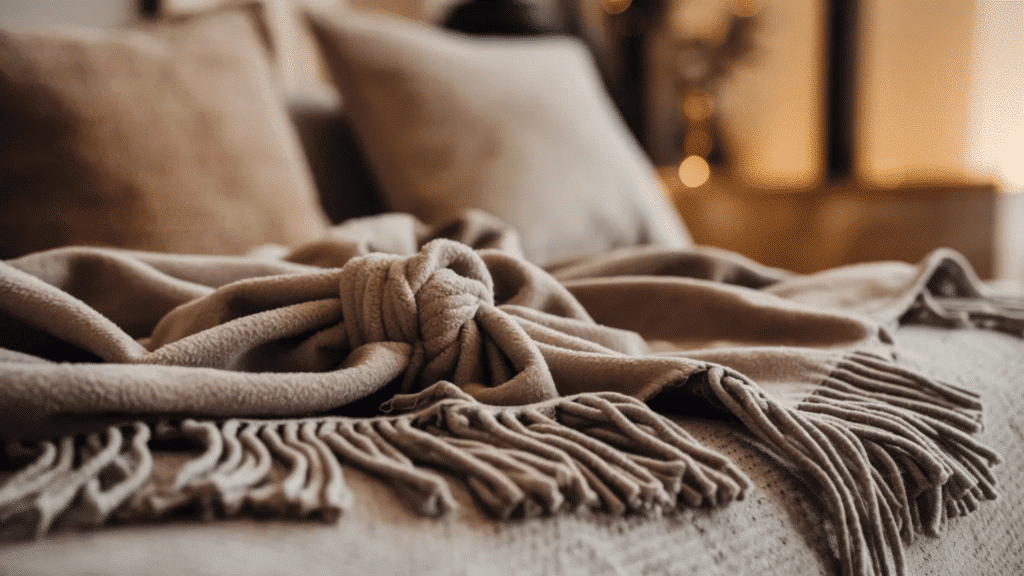 soft no-sew fleece blanket with knotted fringe edges draped over a cozy sofa, warm lighting and neutral tones creating a comfortable, inviting atmosphere