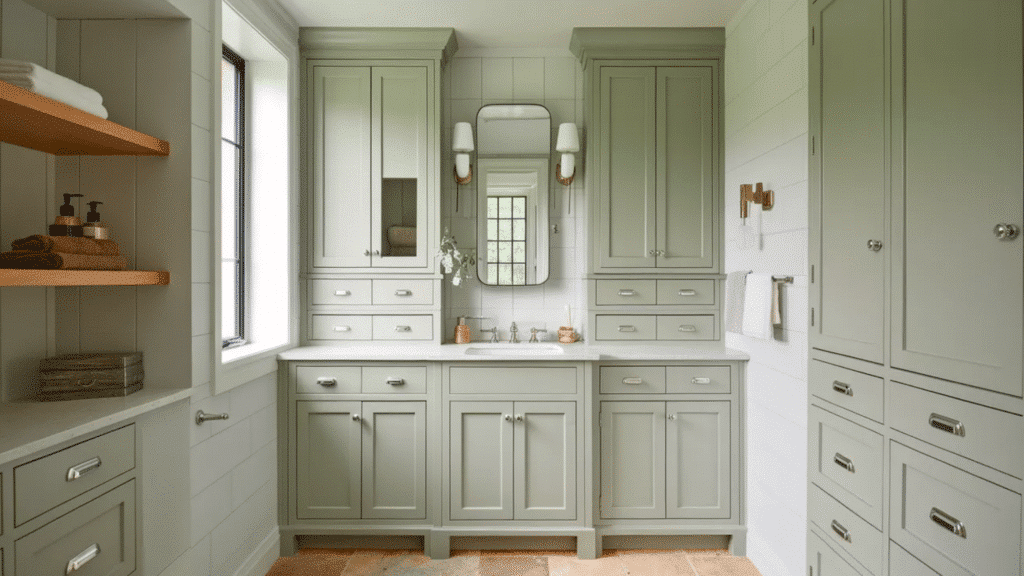 soft sage green bathroom with built in cabinetry, a centered vanity and mirror, white shiplap walls, brass sconces, and warm wood shelving accents