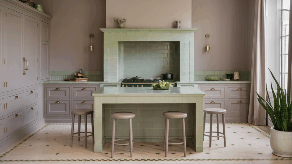 soft taupe kitchen with pastel green tiled island, brass lights, and minimalist decor.