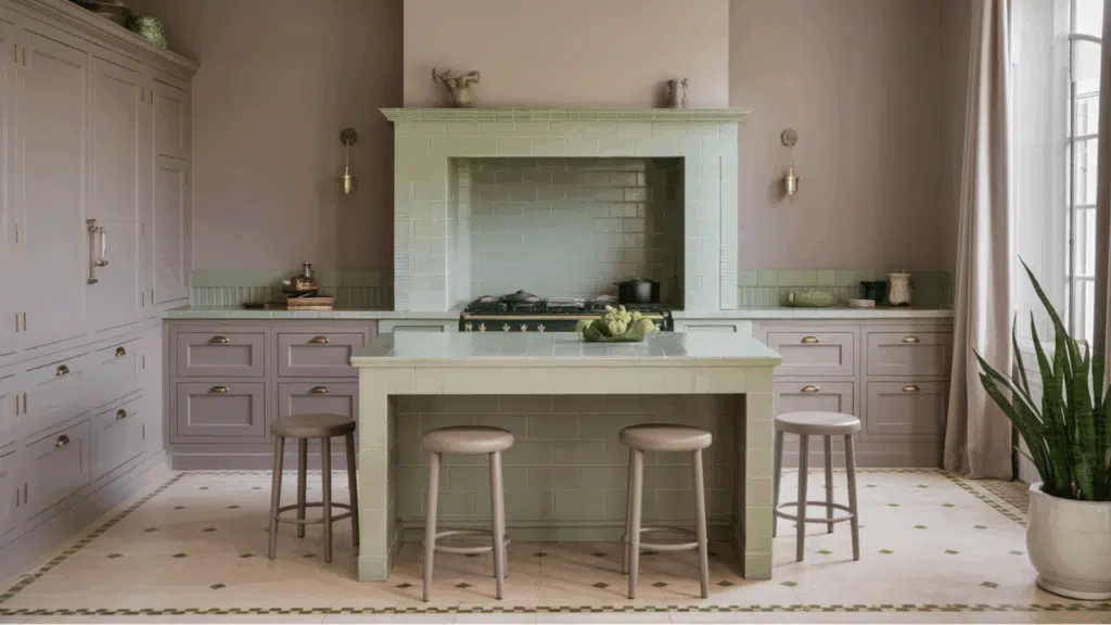 soft taupe kitchen with pastel green tiled island, brass lights, and minimalist decor.
