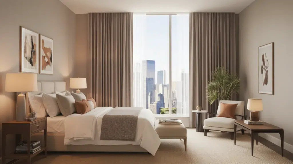 soft taupe room-darkening drapes hanging in a cozy bedroom, gently reducing light while adding a warm, elegant touch