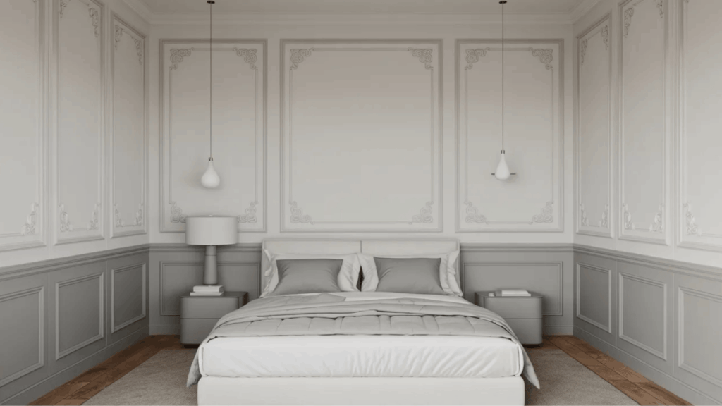 soft white walls with light gray wainscoting and trim in a minimal bedroom, clean lines, simple decor, and neutral tones