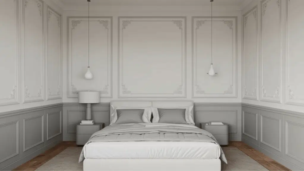 soft white walls with light gray wainscoting and trim in a minimal bedroom, clean lines, simple decor, and neutral tones