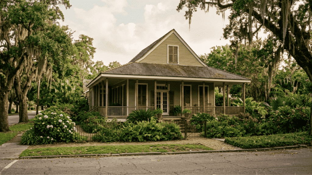 southern style cottage house with wraparound porch lush garden and trees in quiet residential neighborhood