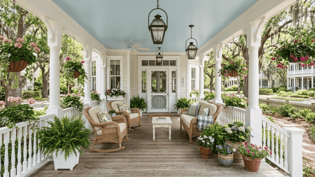 southern-style front porch with light blue ceiling, white columns and railings, hanging lantern lights, wicker chairs, and potted flowers.