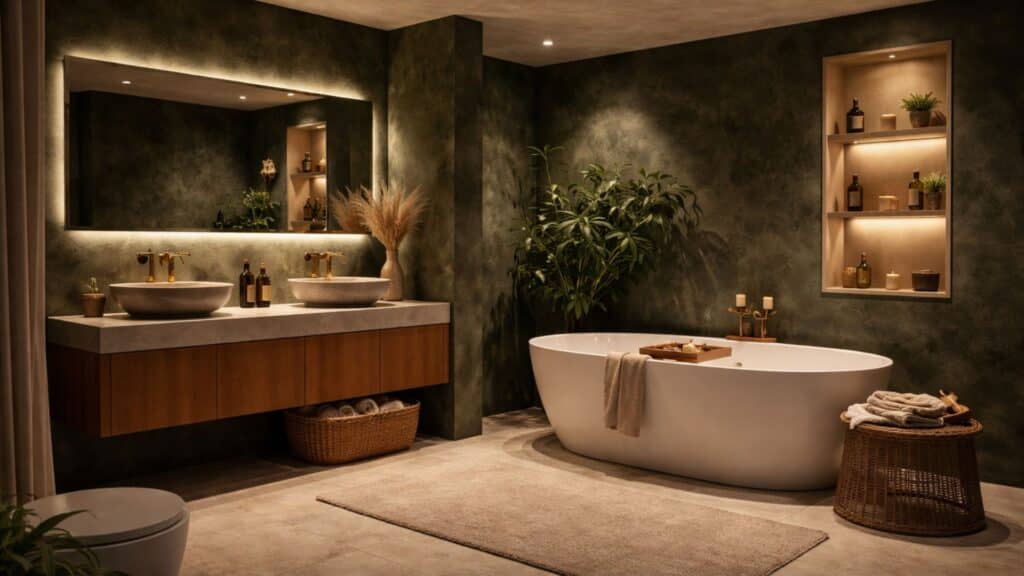 spa-like bathroom with dark green walls, a freestanding tub, warm lighting, and natural textures creating a calm, luxurious feel