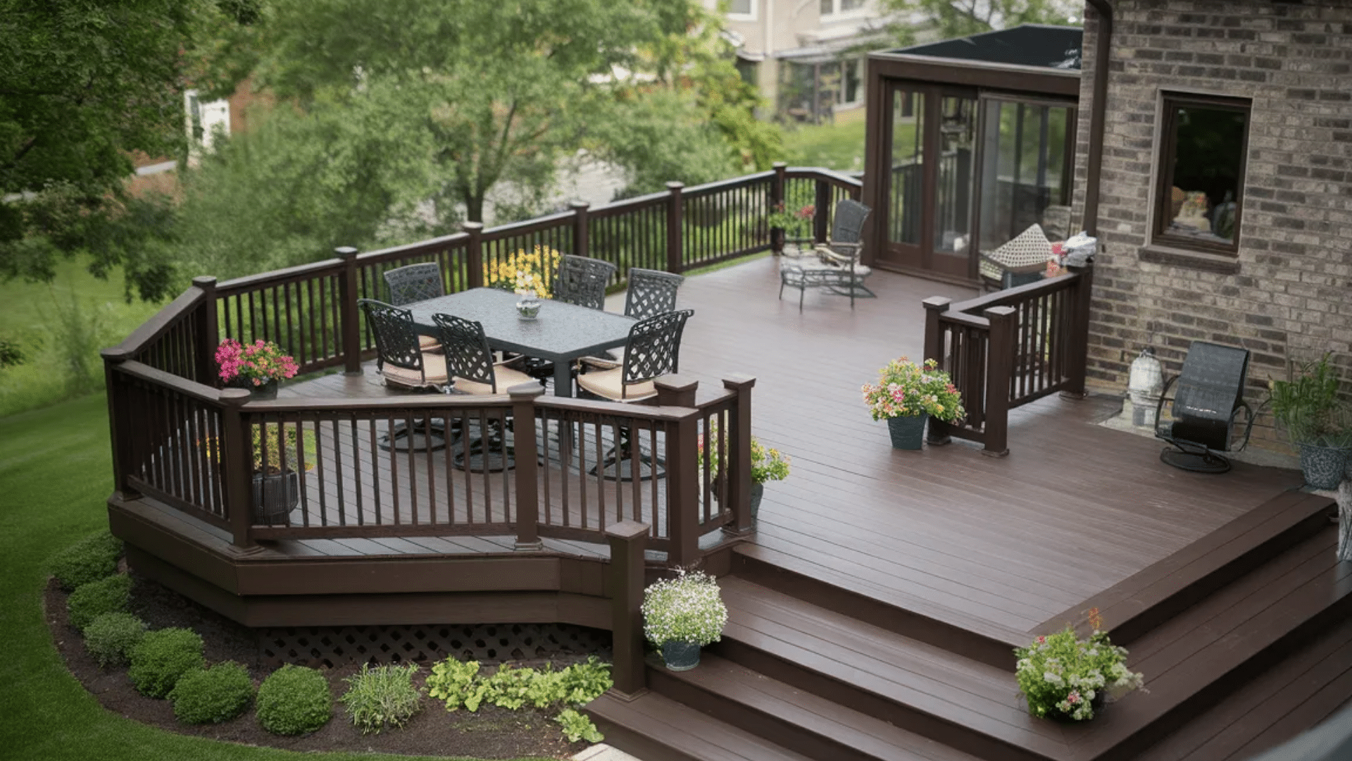 spacious brown deck with a dining table, comfortable seating, and decorative plants, surrounded by greenery.