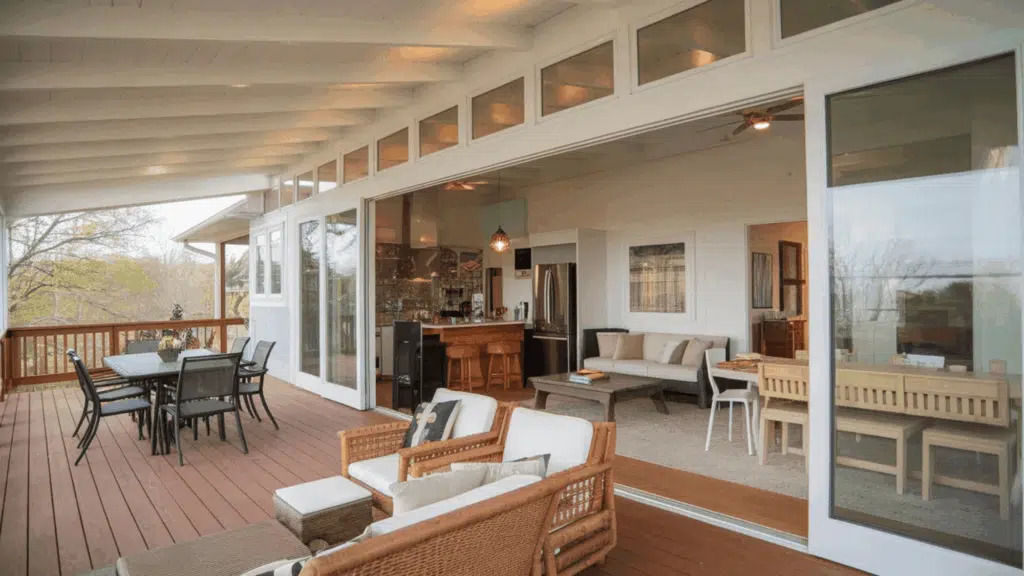 spacious covered deck with outdoor seating and dining area connected to an open-concept living room through sliding glass doors