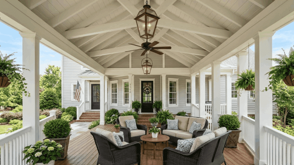 spacious front porch with vaulted white ceiling, exposed beams, hanging lantern lights, ceiling fan, wicker seating, and lush green plants.