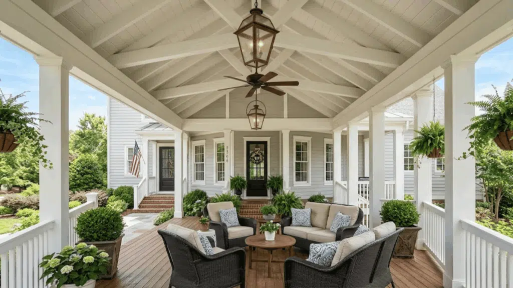 spacious front porch with vaulted white ceiling, exposed beams, hanging lantern lights, ceiling fan, wicker seating, and lush green plants.