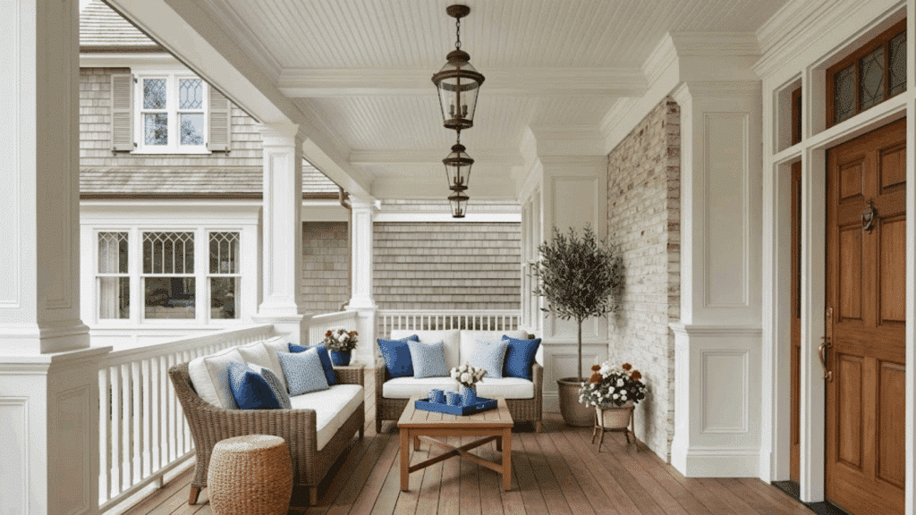 spacious front porch with white beadboard ceiling, hanging lantern lights, wicker seating with blue cushions, wood flooring, and white columns.