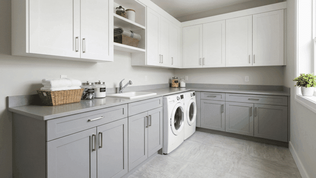 spacious laundry room with gray cabinets, sink, and clean layout
