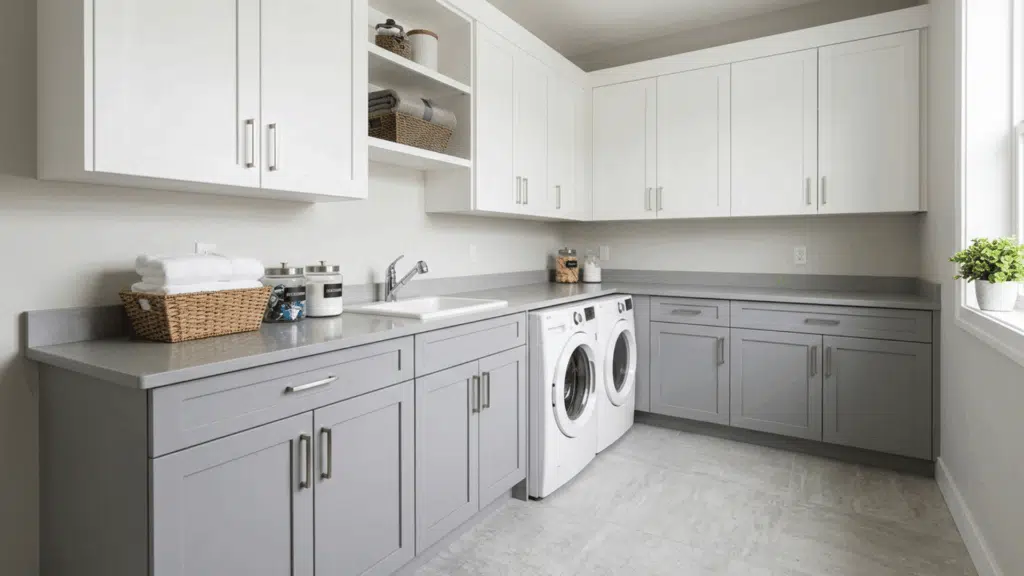 spacious laundry room with gray cabinets, sink, and clean layout