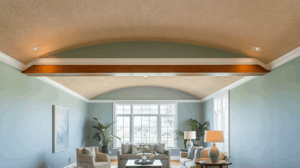 spacious living room with vaulted tray ceiling, blue walls, wooden beam, large windows, and neutral furniture