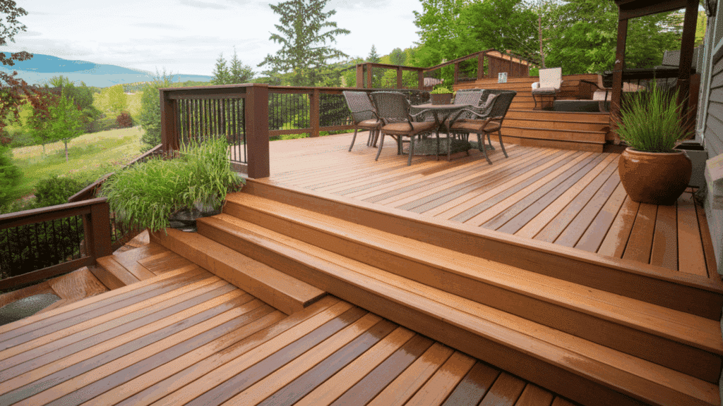 spacious multi-level wooden deck with natural stain finish and outdoor seating area.