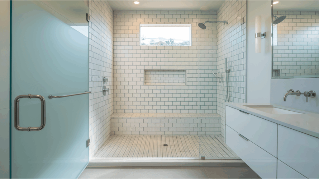spacious walk-in shower with a frosted glass wall and rainfall showerhead
