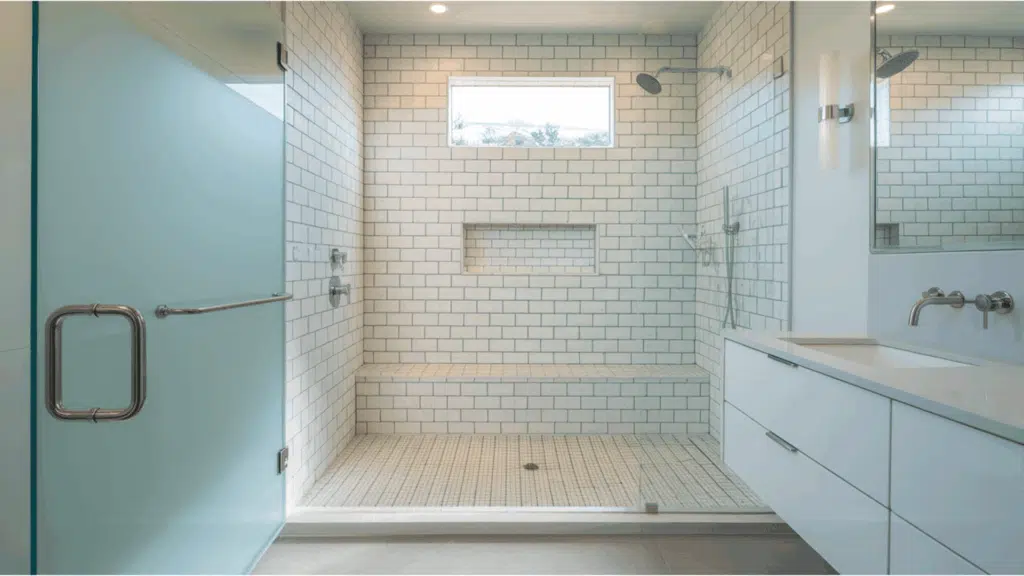 spacious walk-in shower with a frosted glass wall and rainfall showerhead